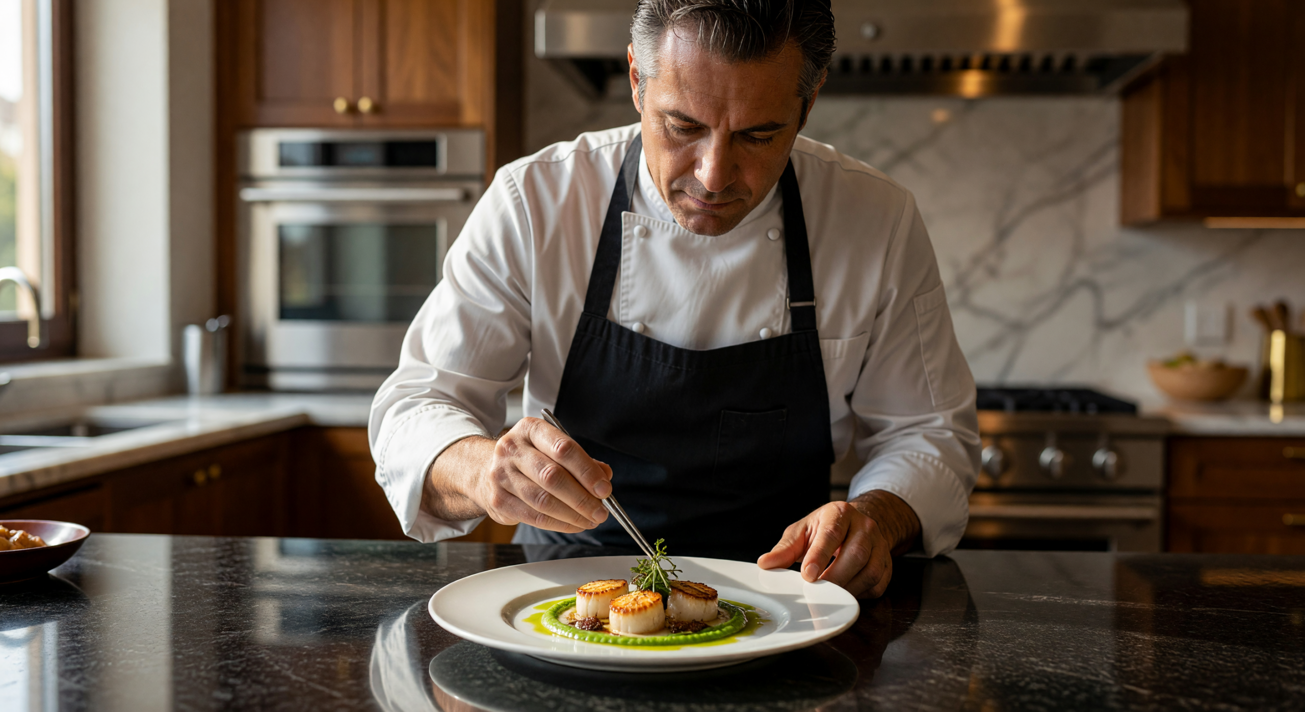 Master Chef Plating Gourmet Scallops in Modern Kitchen