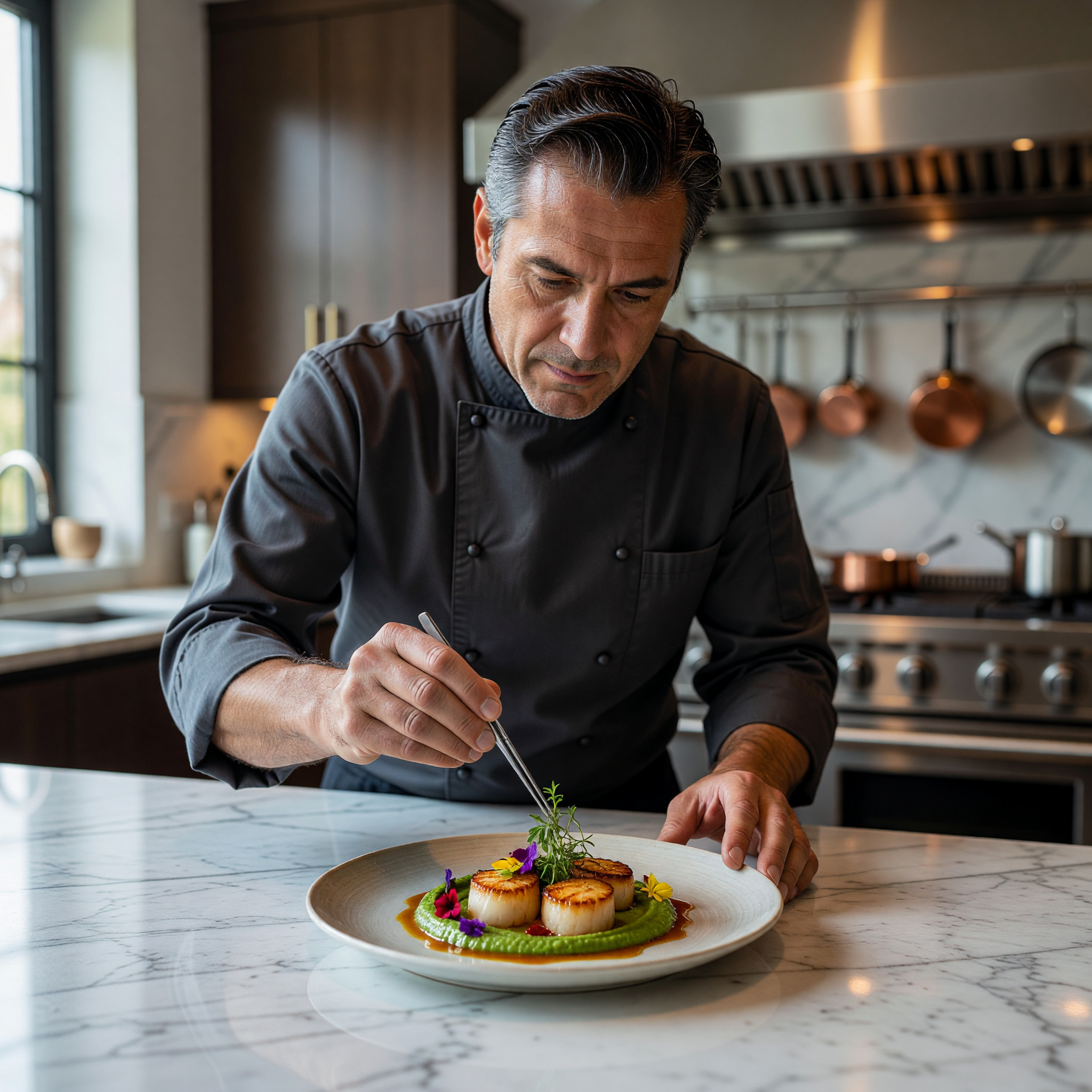 Master Chef Plating Gourmet Scallops with Precision