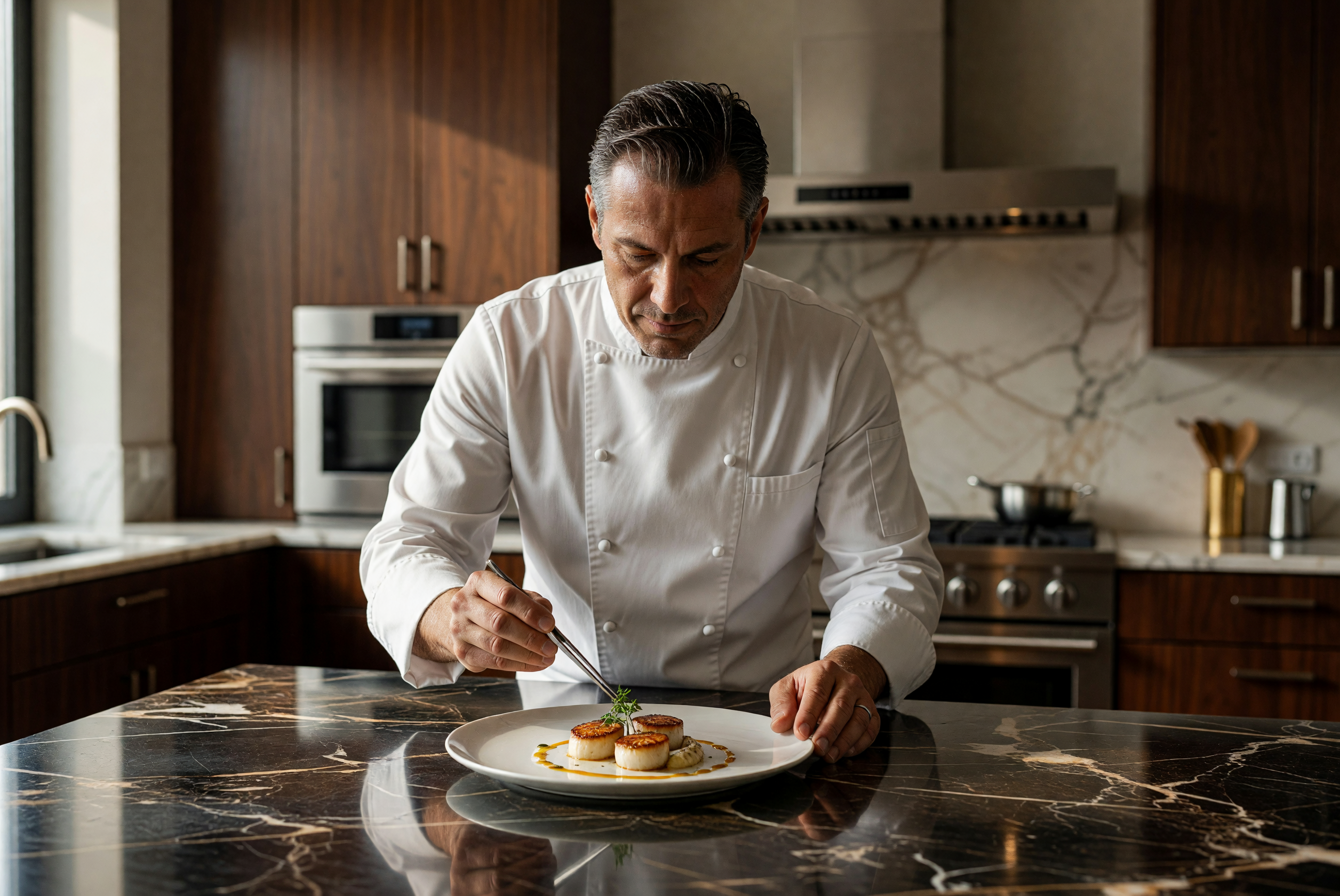 Master Chef Plating Scallops with Precision in Modern Kitchen