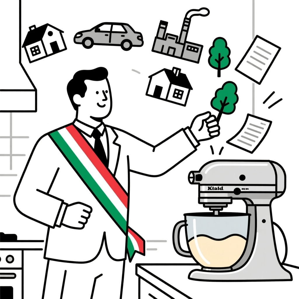 Mayor Mixing Urban Elements in Kitchen Mixer Illustration