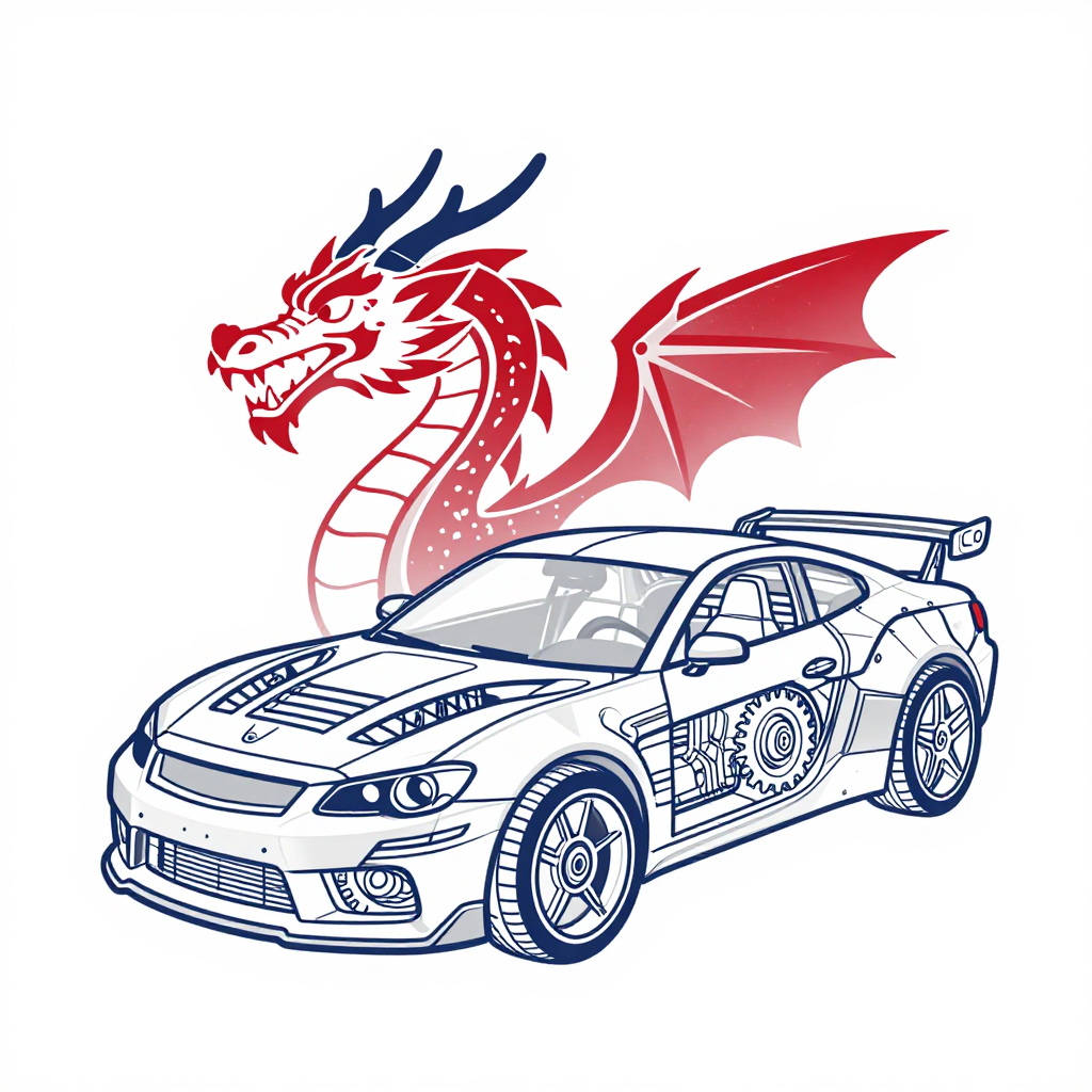 Mechanical Dragon and Sports Car Illustration