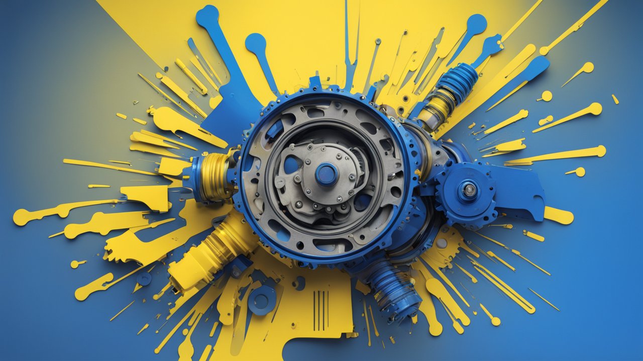 Mechanical Gear with Blue and Yellow Paint Splash