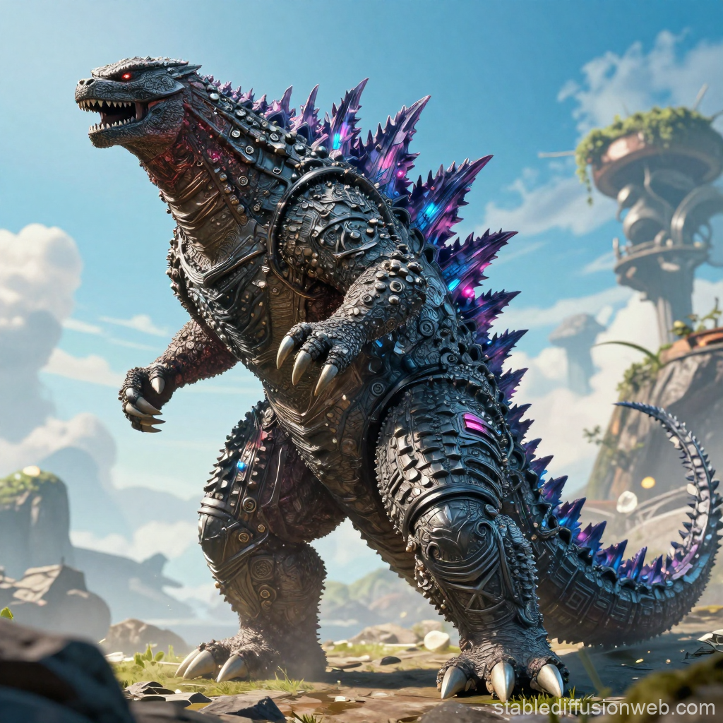 Mechanical Godzilla with Glowing Purple Spikes in Futuristic Landscape