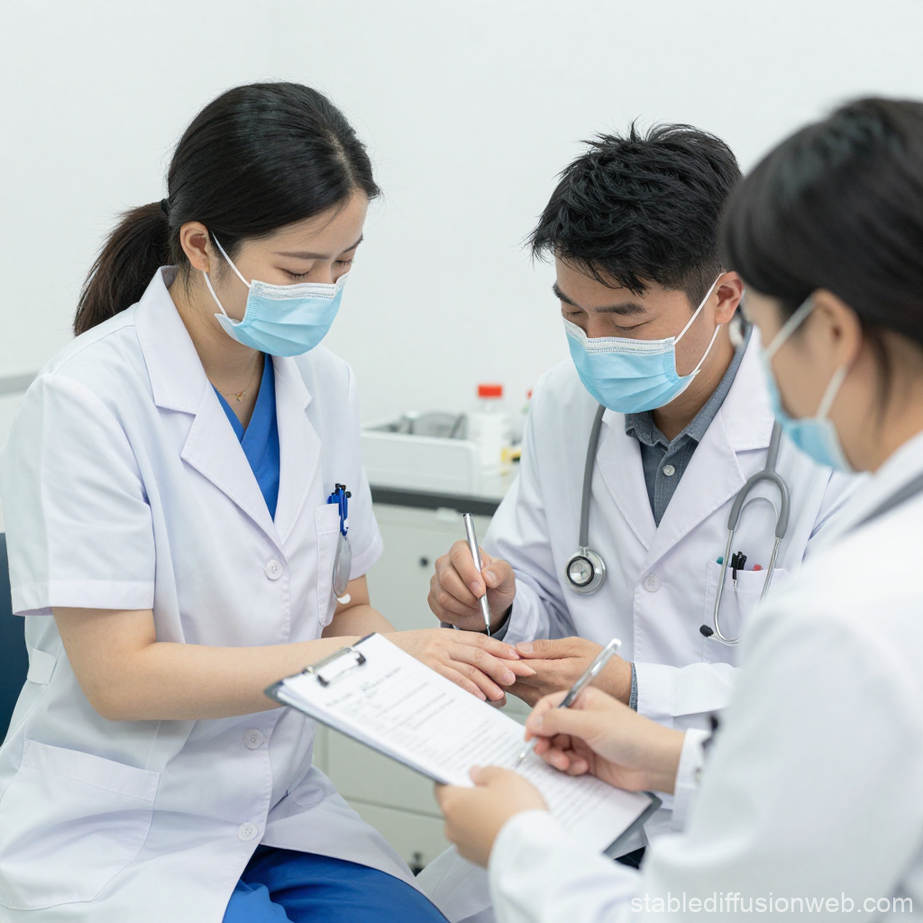 Medical Professionals Conducting Patient Examination with Masks