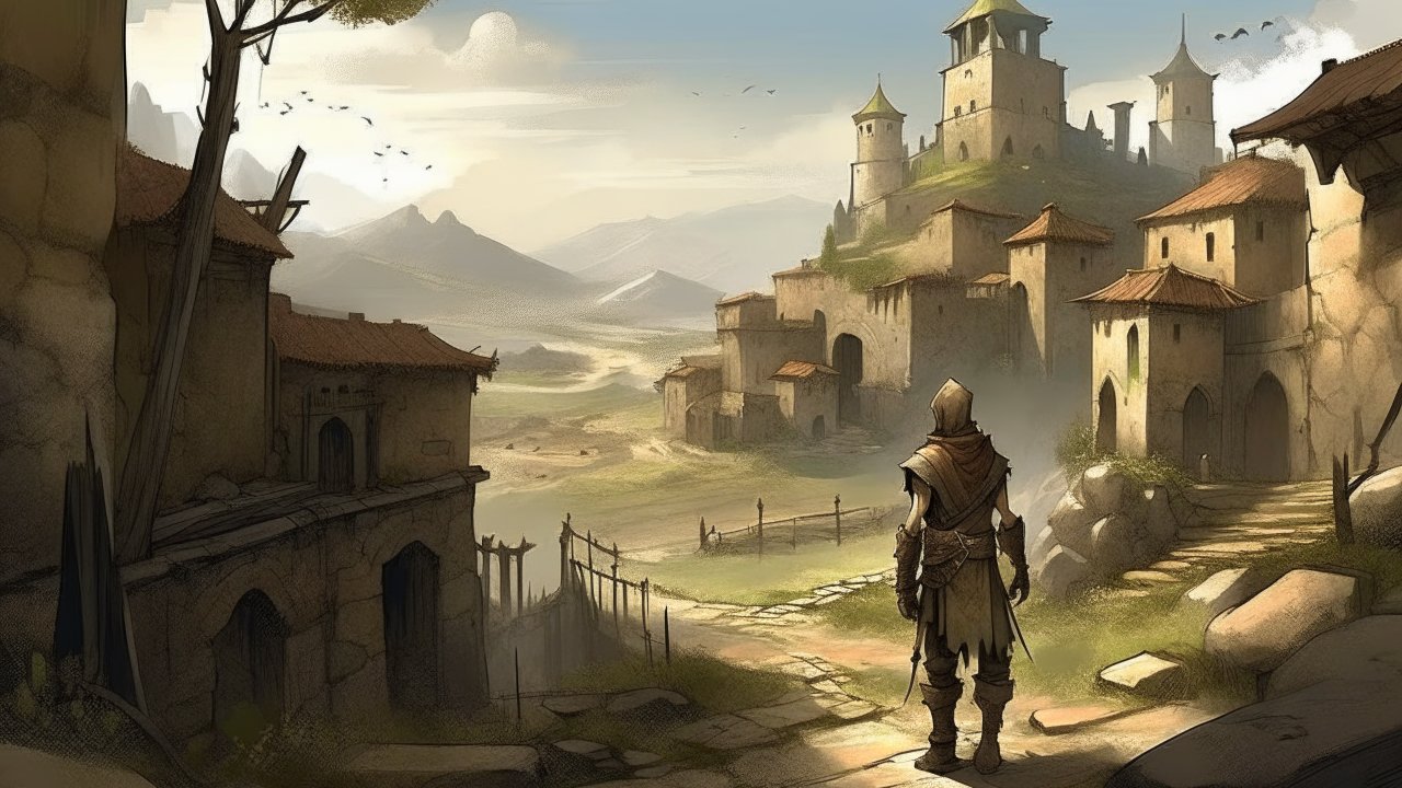 Medieval Adventurer Approaching a Castle Village
