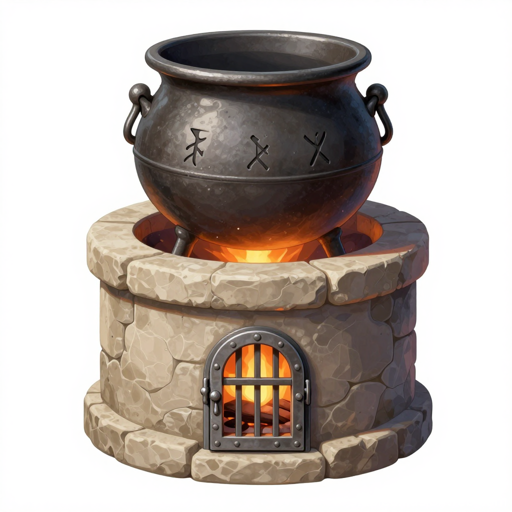 Medieval Alchemy Cauldron on Stone Hearth