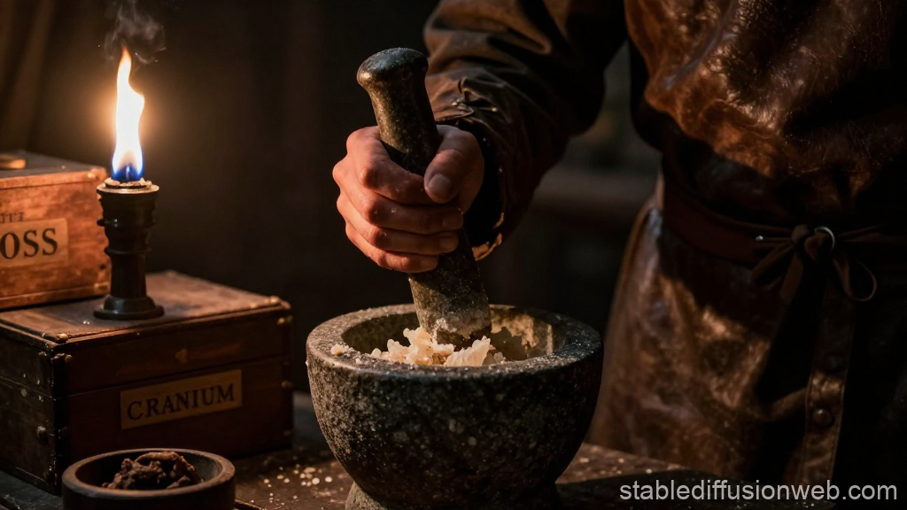 Medieval Apothecary Using Stone Mortar and Pestle by Candlelight