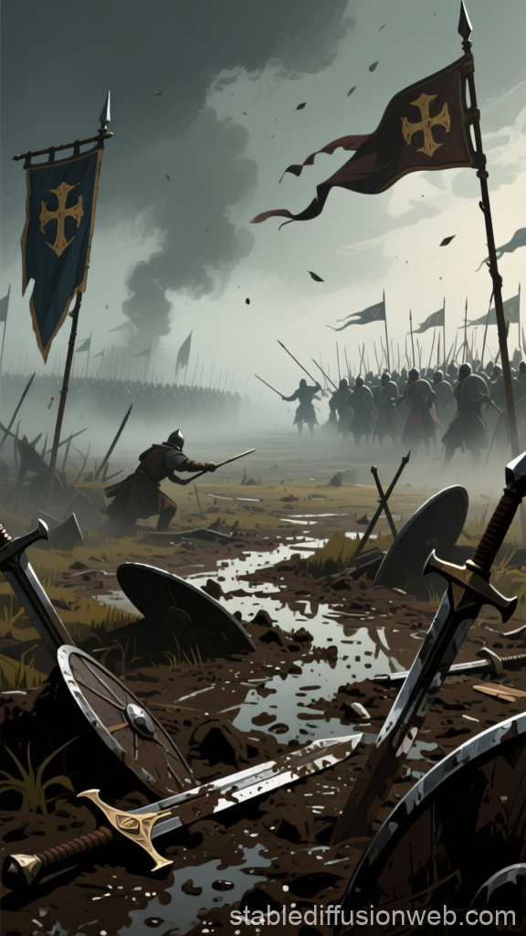 Medieval Battlefield Aftermath with Warriors and Flags