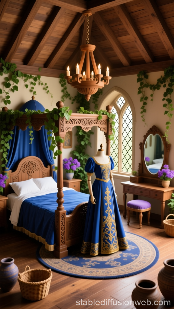 Medieval Bedroom with Elegant Blue and Gold Dress