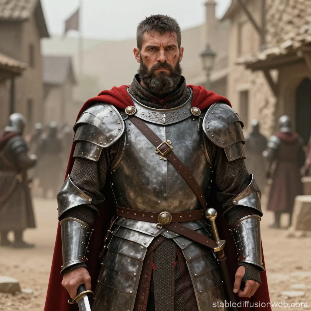 Medieval Captain in Detailed Armor with Red Cape