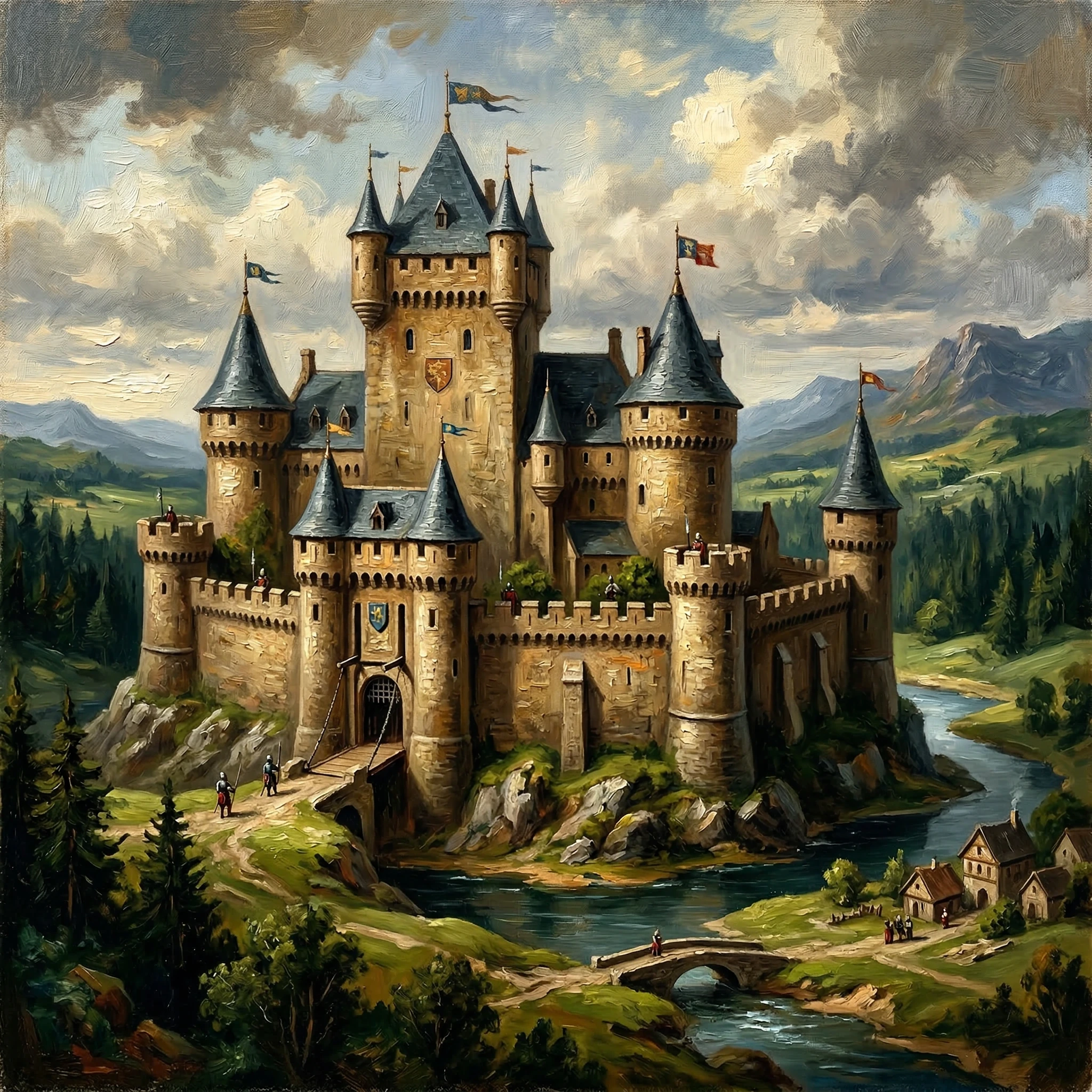 Medieval Castle by a River in a Lush Landscape