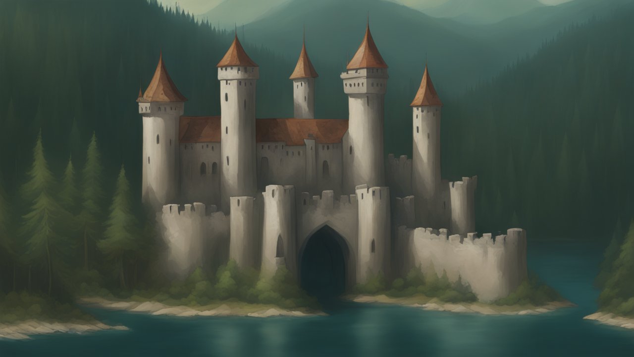 Medieval Castle by the Lake Surrounded by Forest