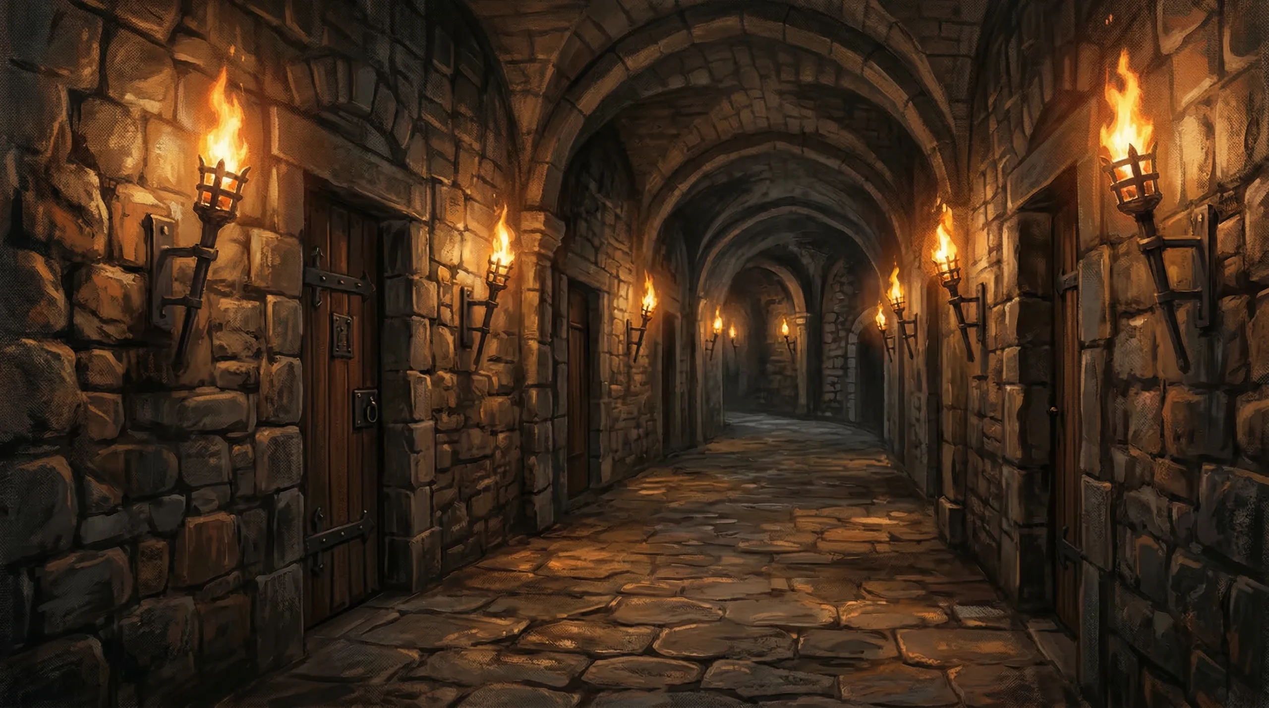 Medieval Castle Corridor with Stone Walls and Torches