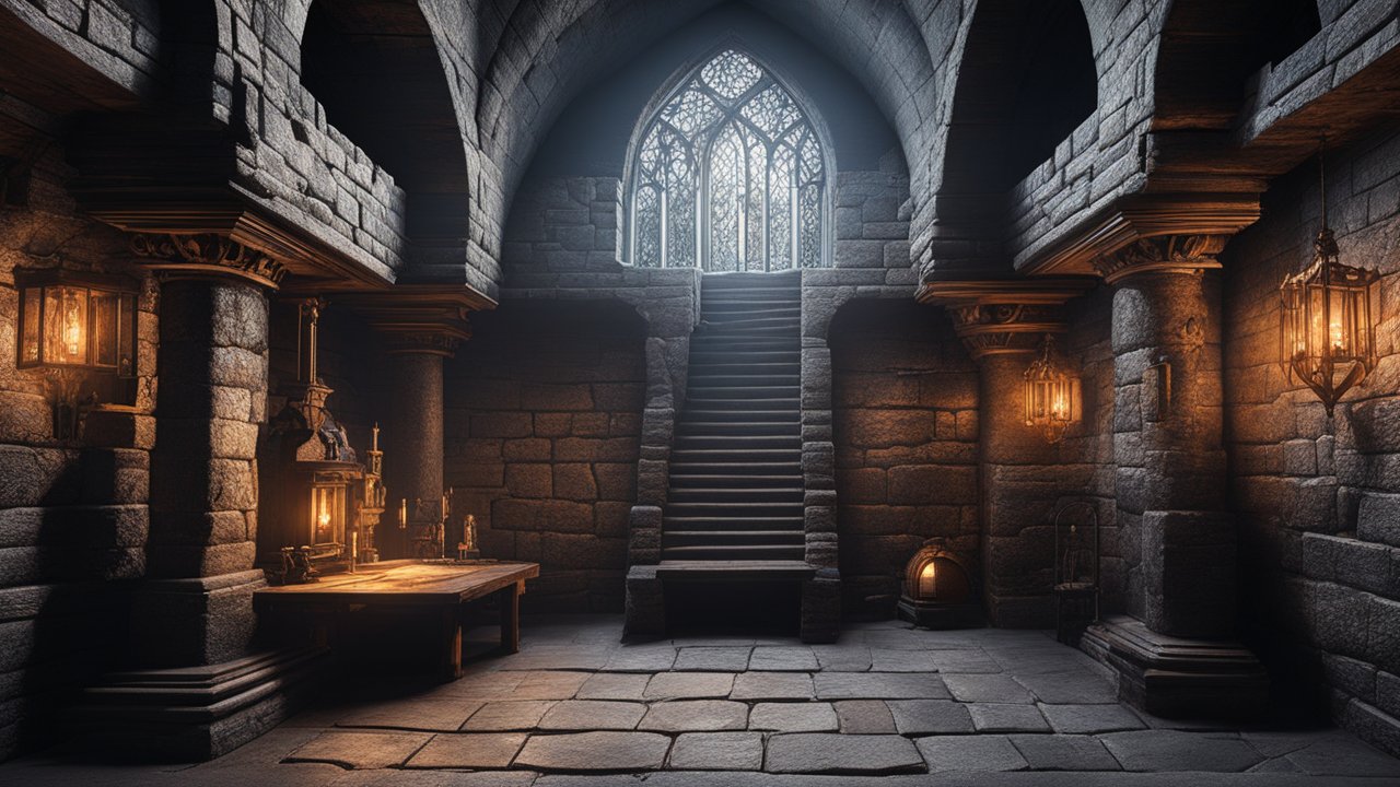 Medieval Castle Dungeon Interior with Stone Staircase