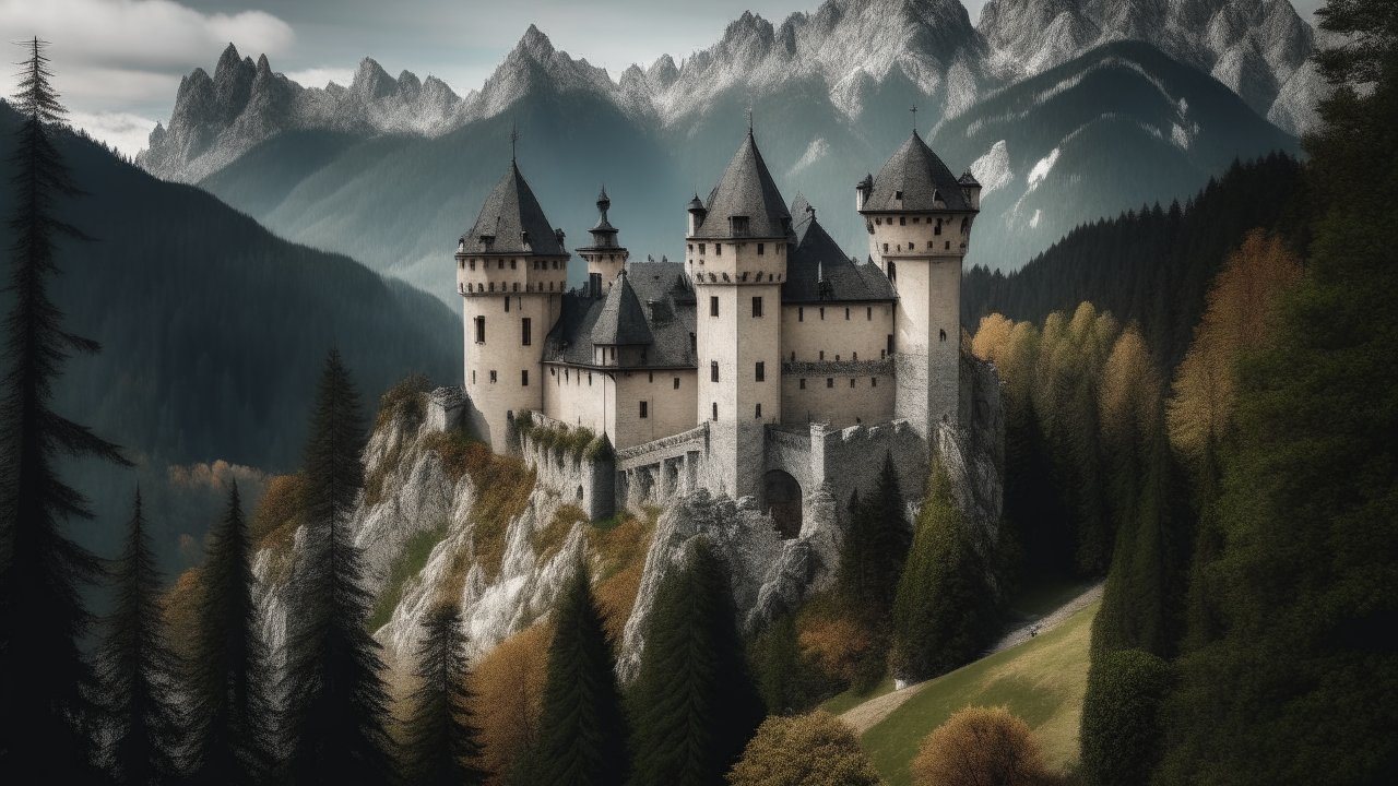 Medieval Castle Nestled in Mountainous Forest Landscape