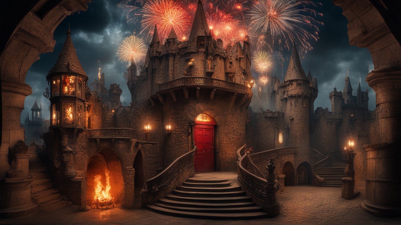 Medieval Castle with Fireworks Celebration at Night