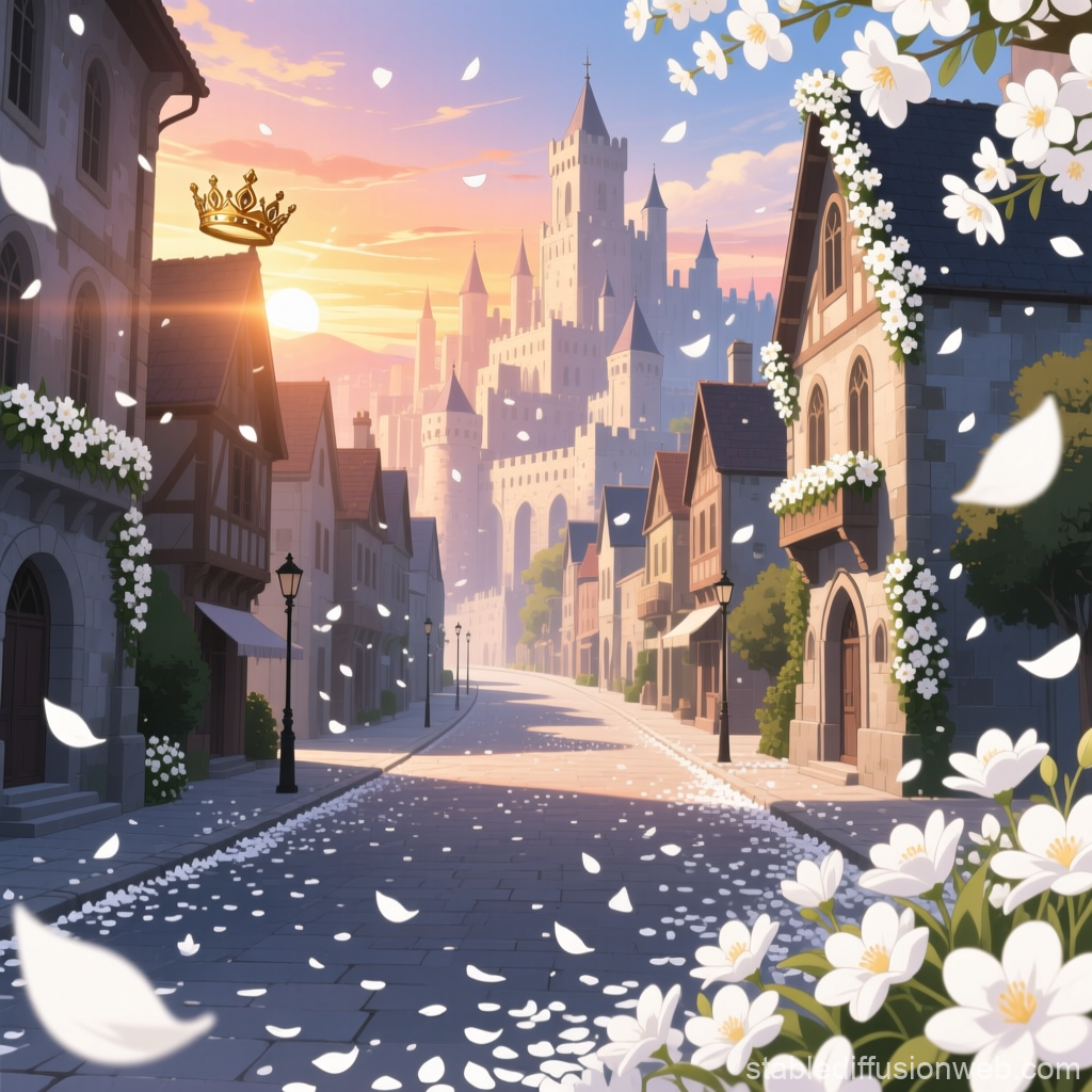 Medieval City Street at Sunset with Castle and Blossoms