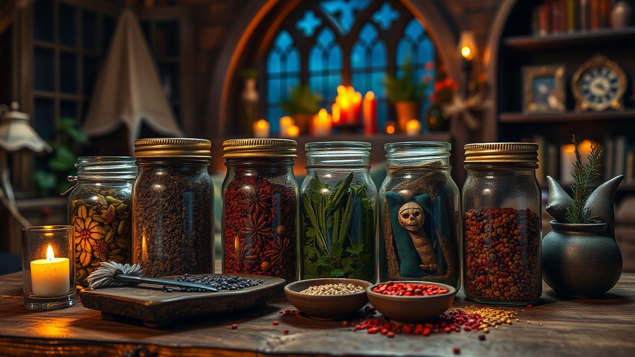 Medieval Colorful Jars with Herbs and Spices in Cozy Setting