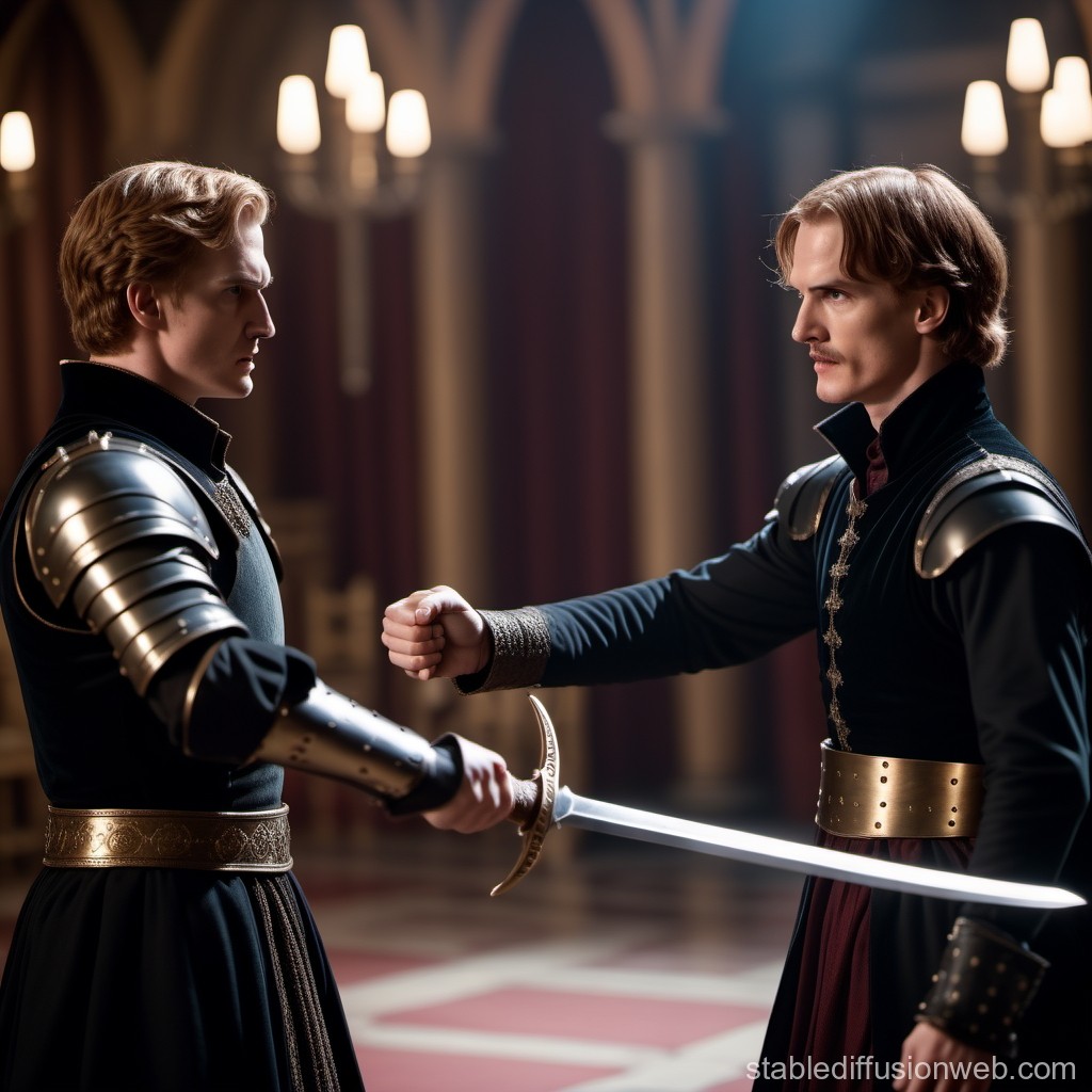 Medieval Duel Between Two Knights in a Grand Hall