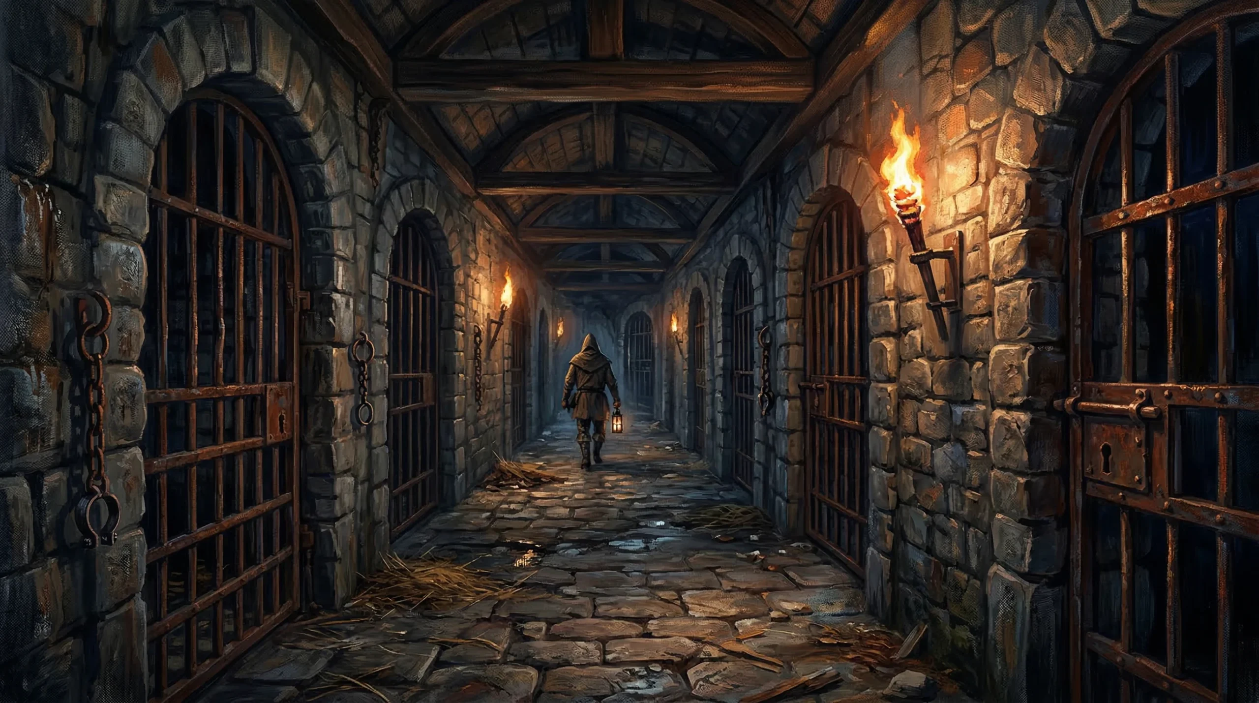 Medieval Dungeon Corridor with Hooded Figure