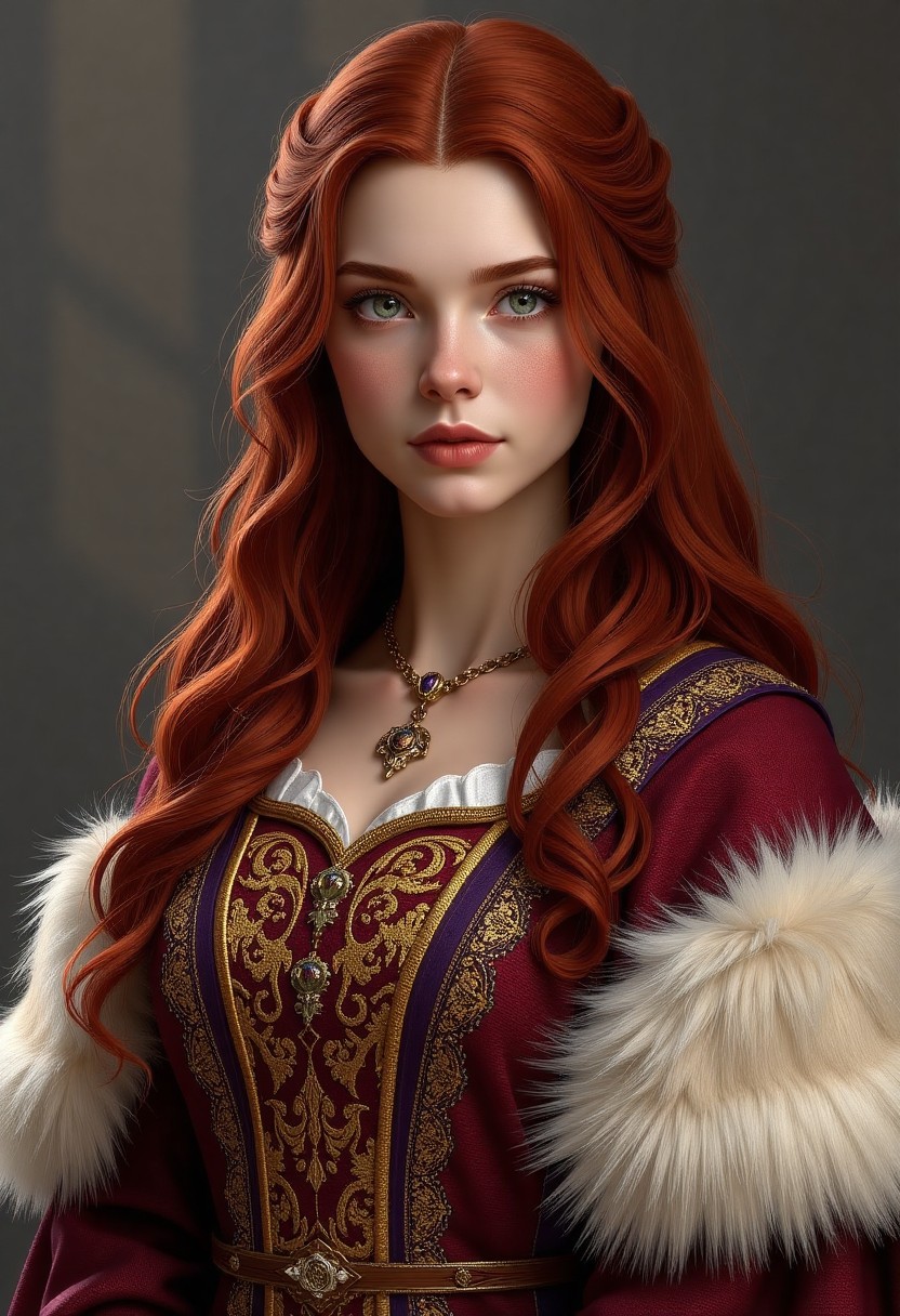 Medieval Empress with Red Hair in Ornate Robes