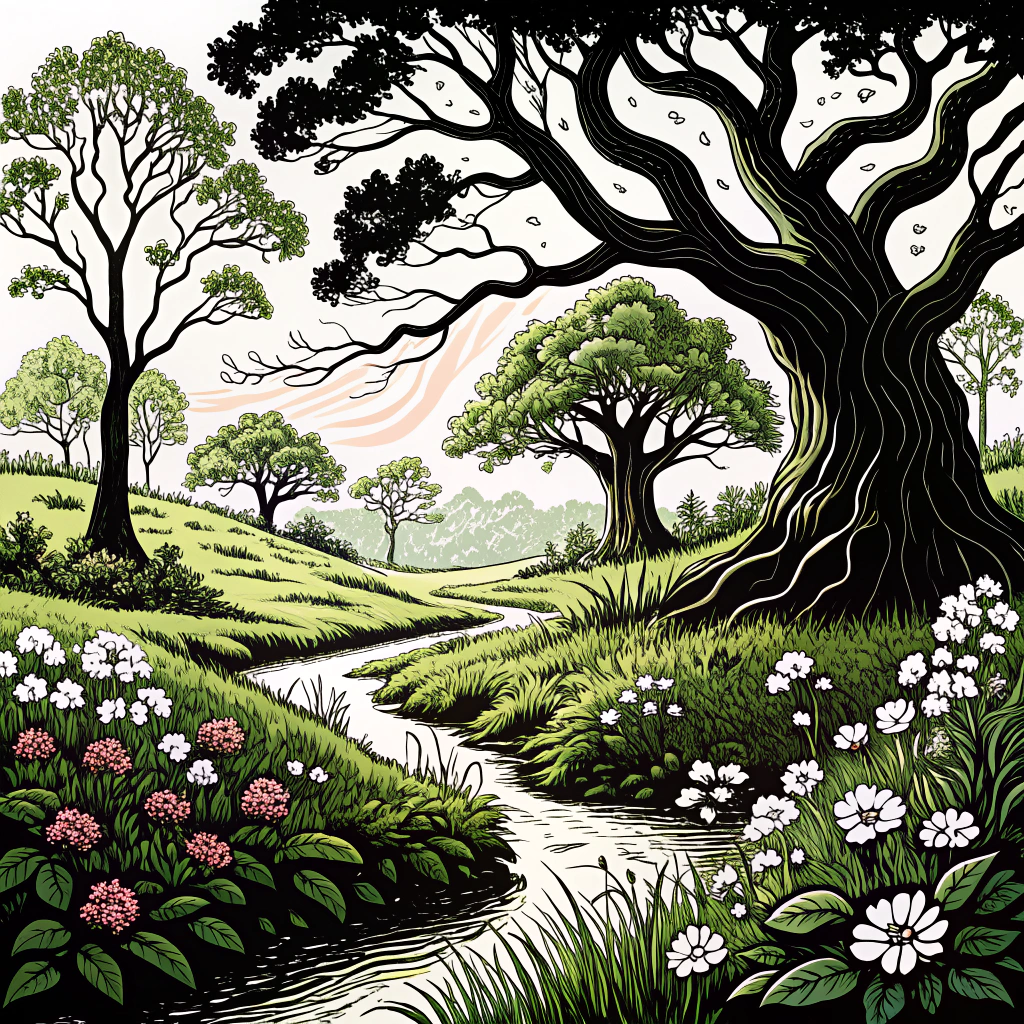 Medieval Fantasy Oak by a Serene Stream