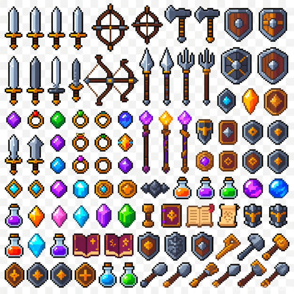 Medieval Fantasy RPG Pixel Art Weapon and Item Set