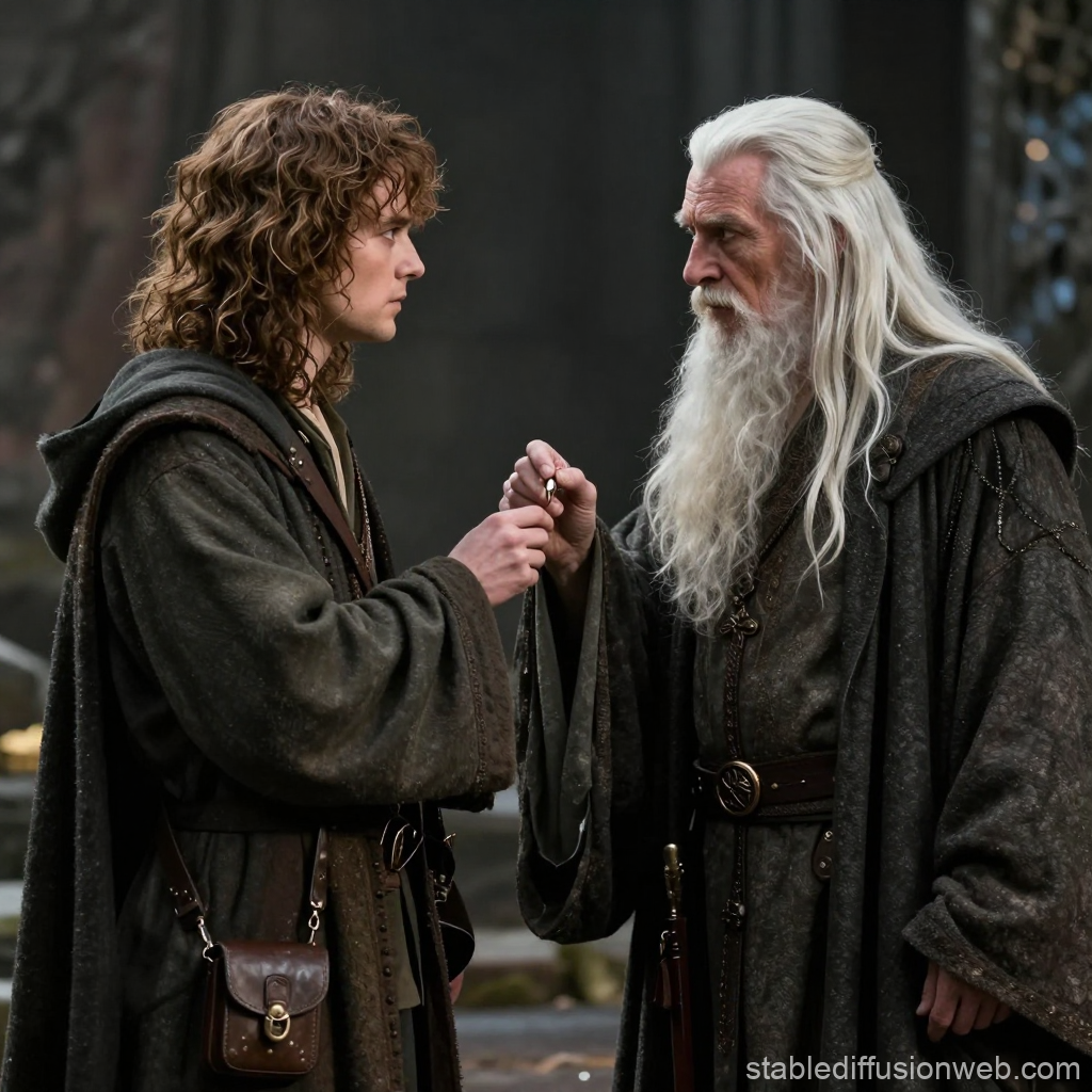 Medieval Fantasy Scene of Young Man Handing Ring to Wizard