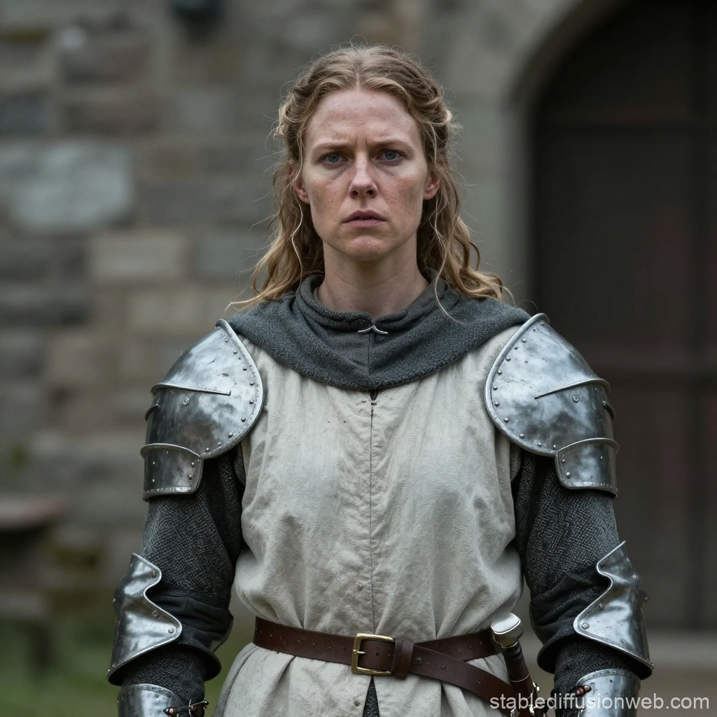 Medieval Female Guard in Armor with Serious Expression
