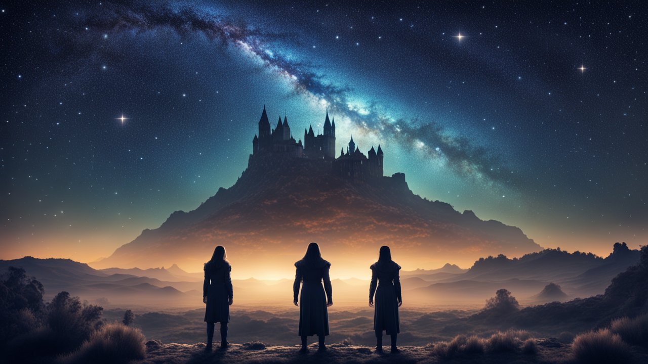 Medieval Figures Facing a Mystical Castle Under a Starry Sky