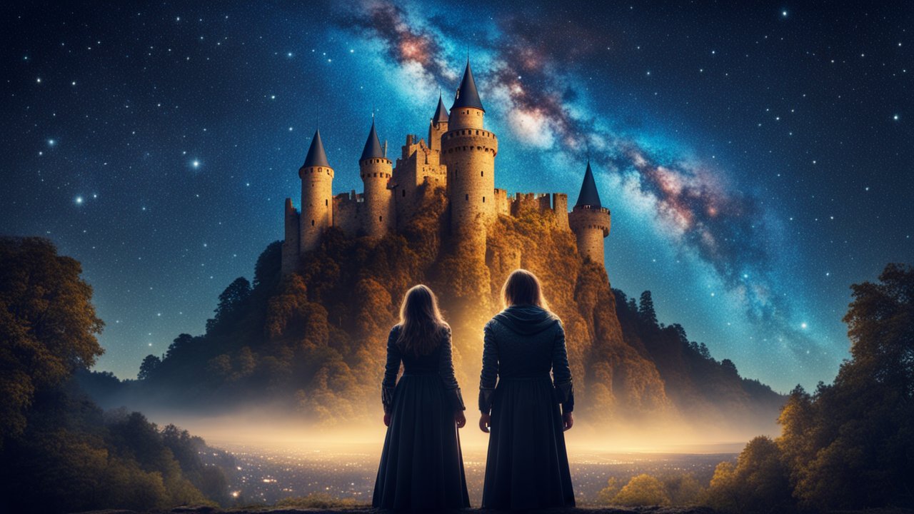 Medieval Figures Gazing at Illuminated Castle Under Starry Sky