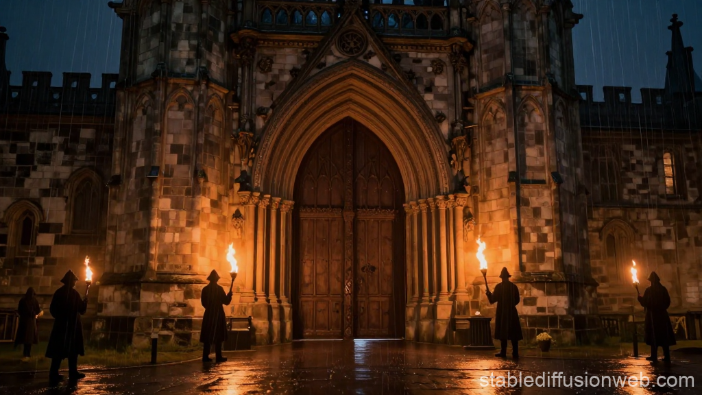 Medieval Fortified Gate with Torchbearers at Night
