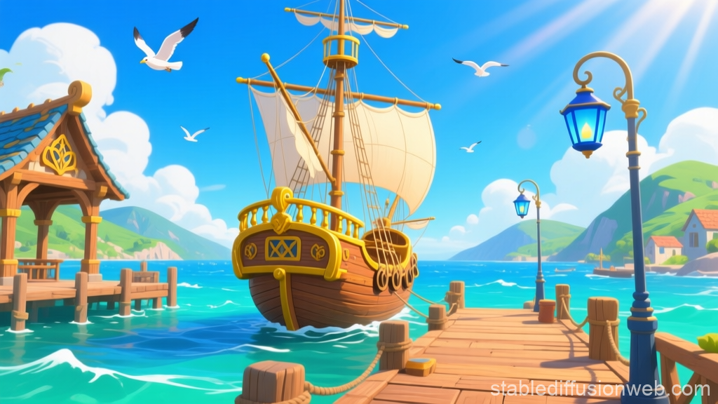 Medieval Harbor with Sailing Ship on a Sunny Day