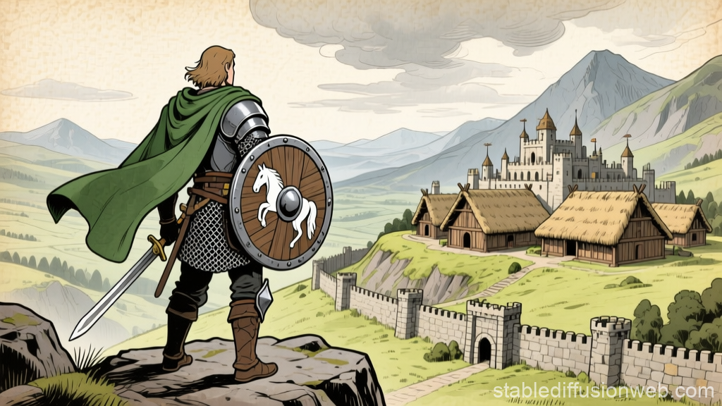 Medieval Hero Overlooking a Castle and Village