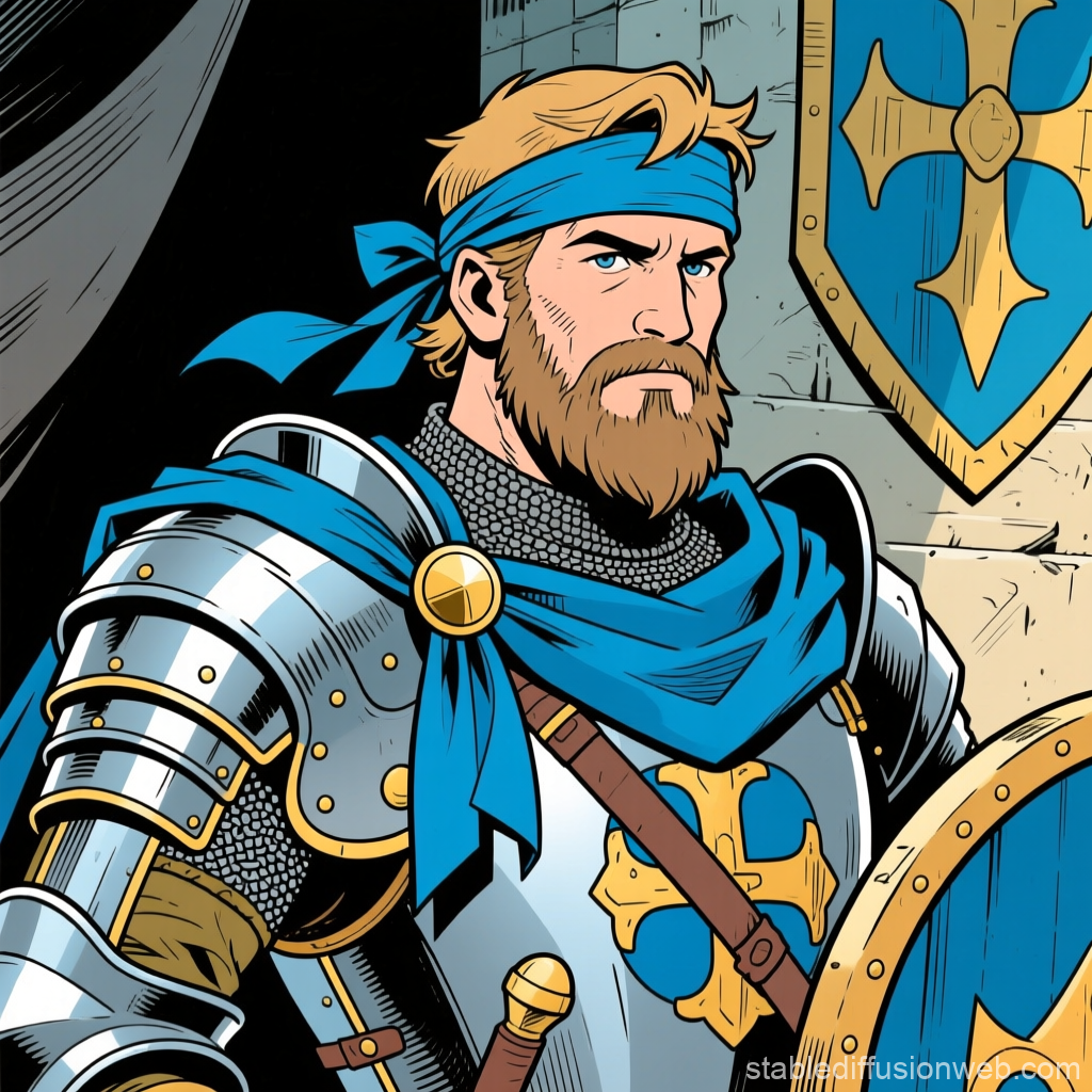 Medieval Knight in Blue Armor and Heraldry
