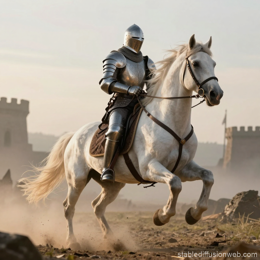 Medieval Knight in Shining Armor Riding a White Horse