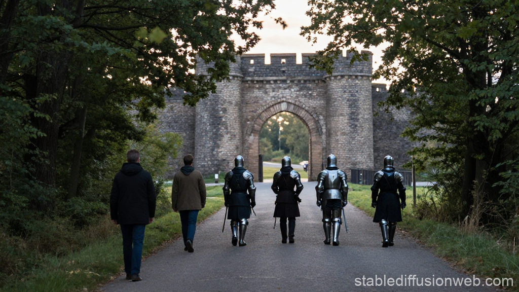 Medieval Knights and Modern Visitors Walking Toward Castle Gate