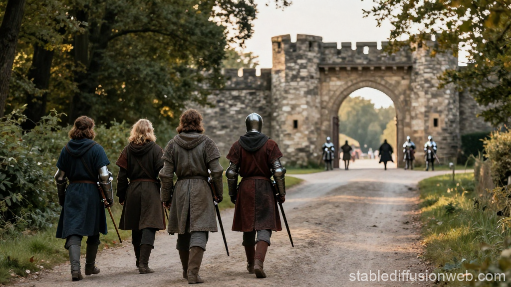 Medieval Knights Approaching a Stone Castle Gate