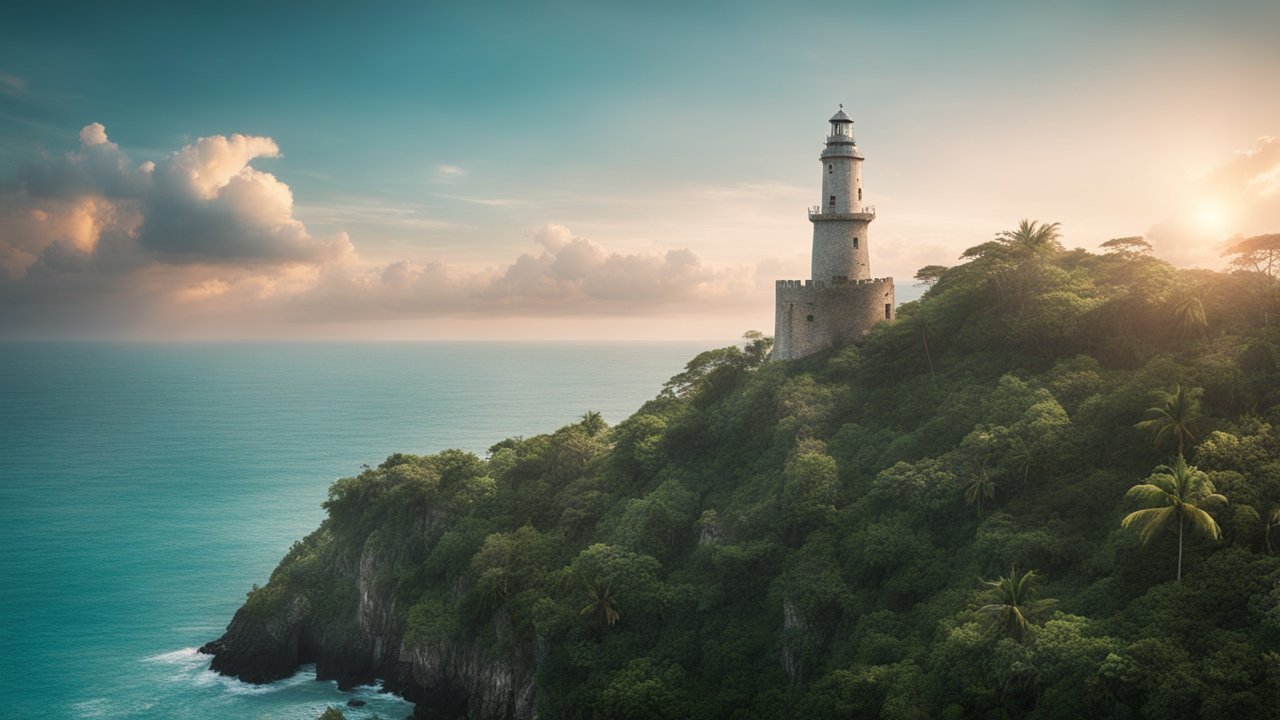 Medieval Lighthouse on Lush Coastal Cliff at Sunset