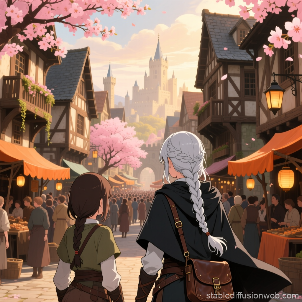 Medieval Market Street with Cherry Blossoms and Castle