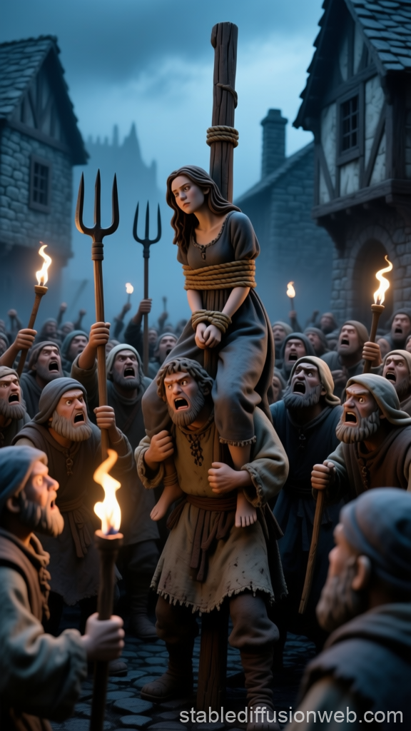 Medieval Mob with Bound Woman on Pole in Village Square