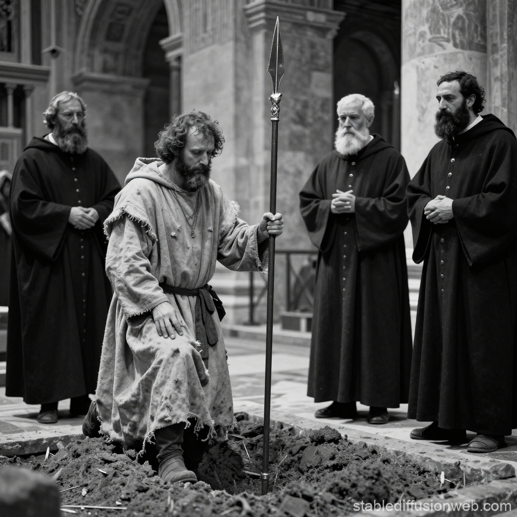 Medieval Monk Kneeling with Lance in Historic Setting