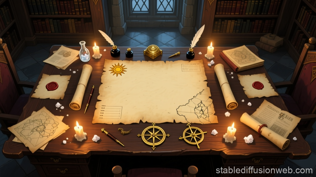 Medieval Monster Hunter's Strategic Desk with Maps and Scrolls