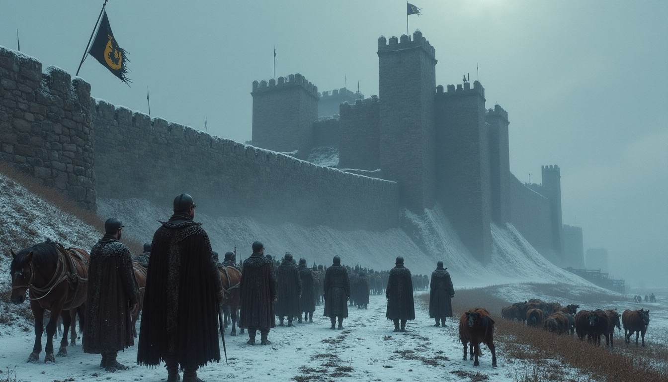 Medieval Soldiers Marching Along Snowy Castle Walls