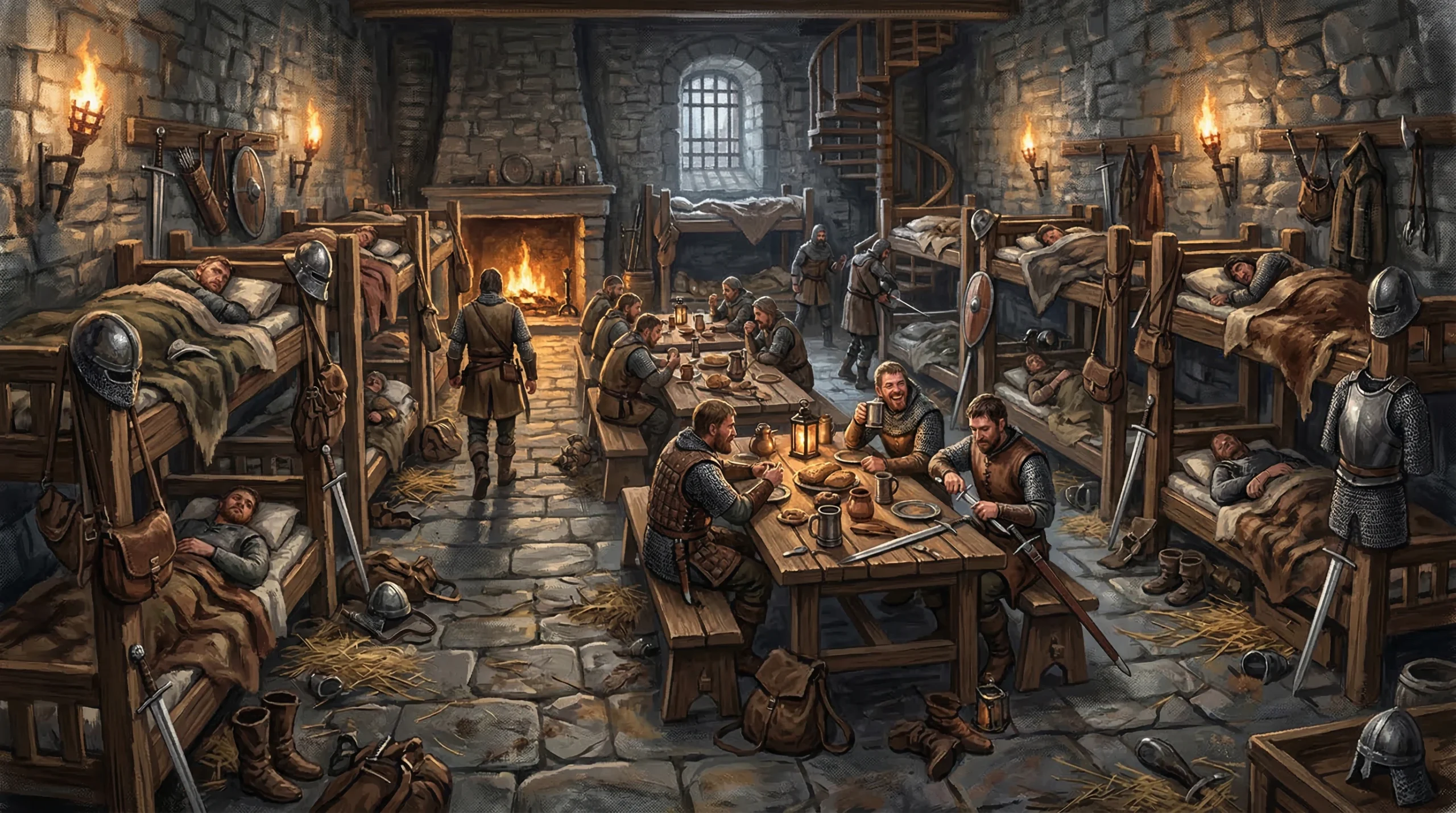 Medieval Soldiers Resting in a Stone Barracks Room