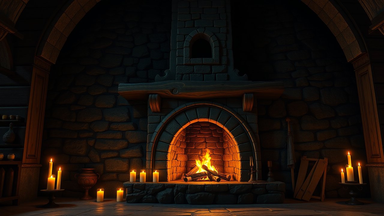 Medieval Stone Fireplace with Warm Candlelight