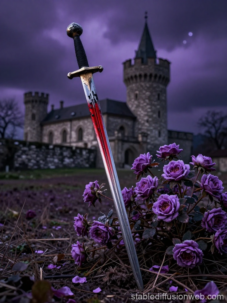 Medieval Sword Stuck in Ground with Blood and Purple Roses