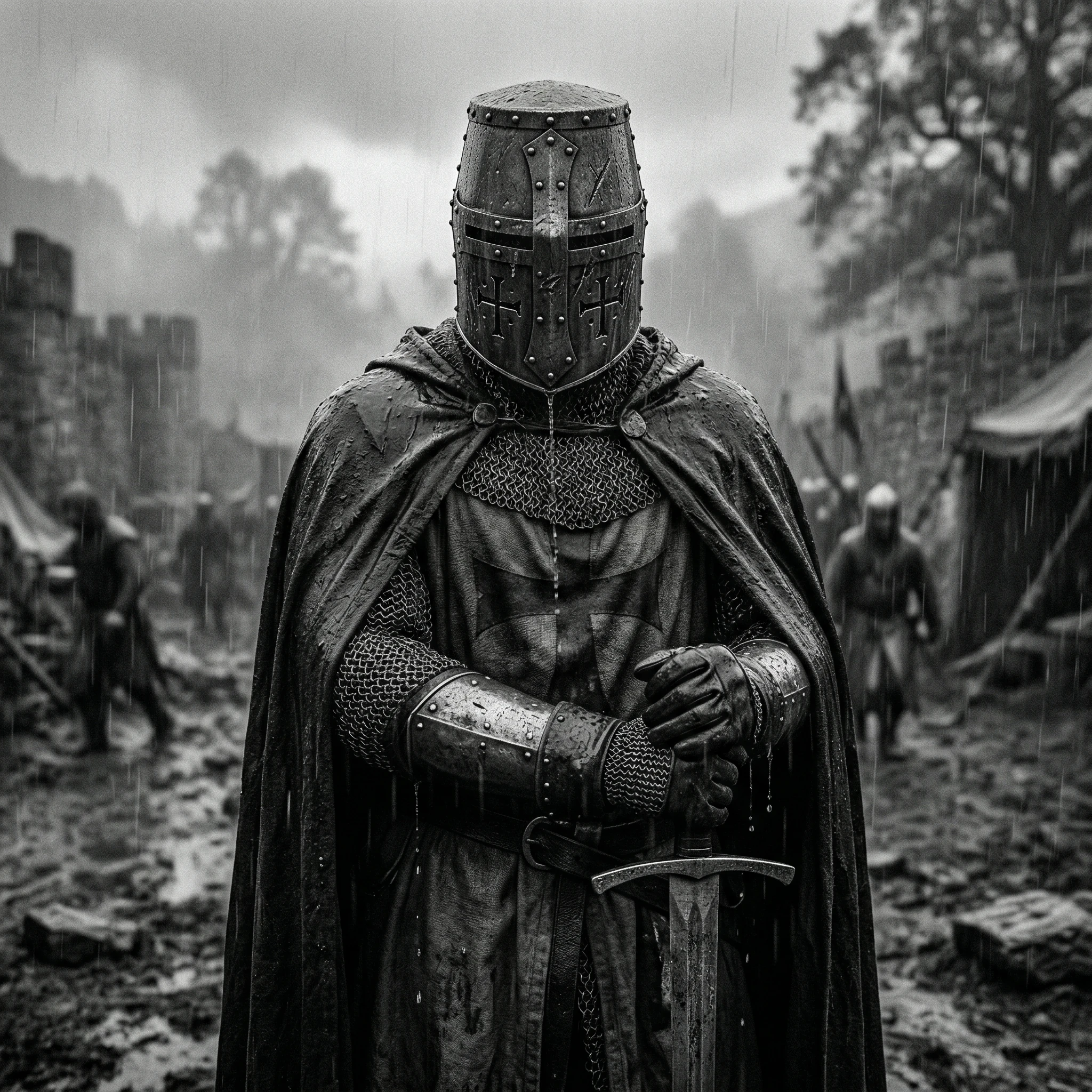 Medieval Templar Knight in Rainy Battlefield