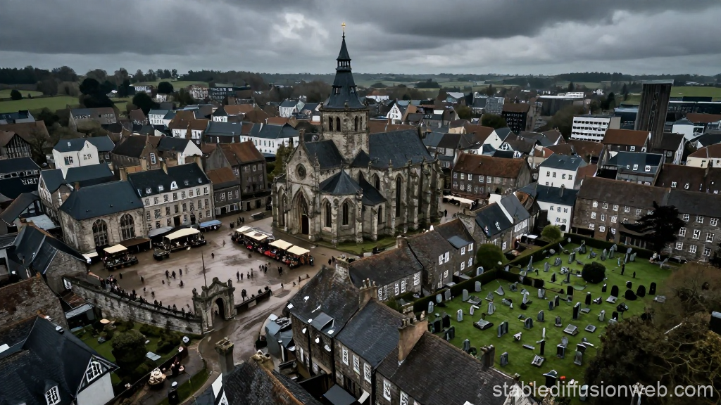 Medieval Town Square with Historic Church and Cemetery