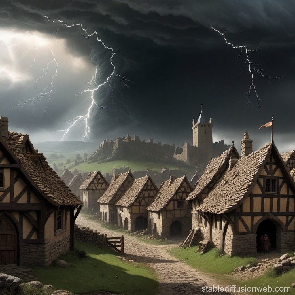 Medieval Village Under a Stormy Sky with Lightning